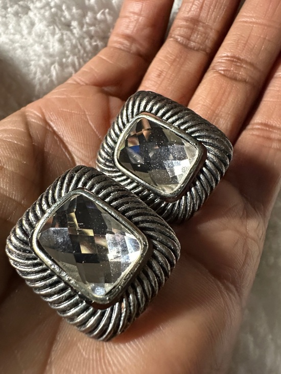 Vintage Silver-Tone Clear Crystal Square Clip-On Earrings-little wear and tear - Picture 4 of 7